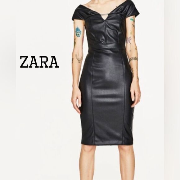 Zara Black Faux Leather Pencil Dress - Picture 1 of 9